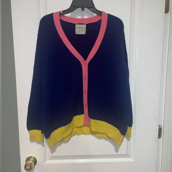 New! Jumper 1234 Contrast Cashmere Cardigan Color block Blue, Yellow Pink 🌼Large - Picture 5 of 6